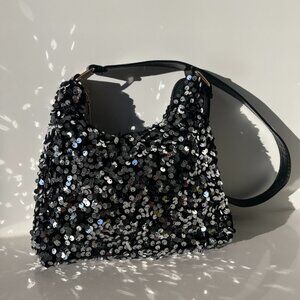 Sequin Shoulder Bag Black and Silver EUC Small Evening Purse